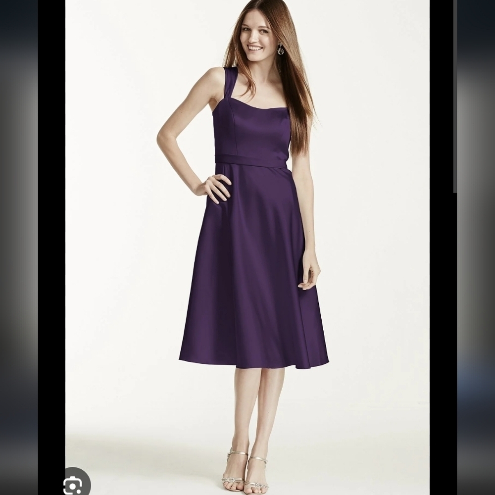 NWT David's Bridal Satin Wide Strap Tea Length Lapis Dress ~sz 12